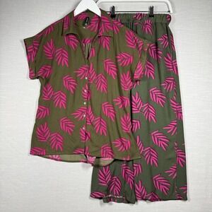 Massini Blouse Pants Set Womens S M Brown Silky Flowy Vacation Button Up